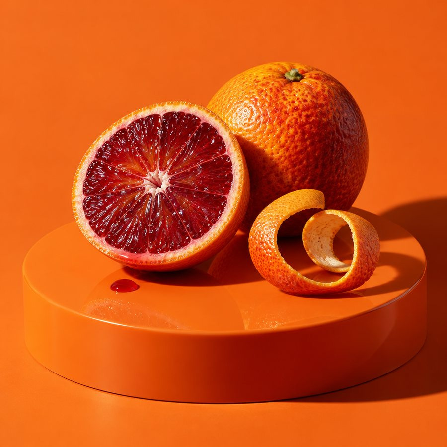 A halved blood orange with deep crimson segments on a tangerine set