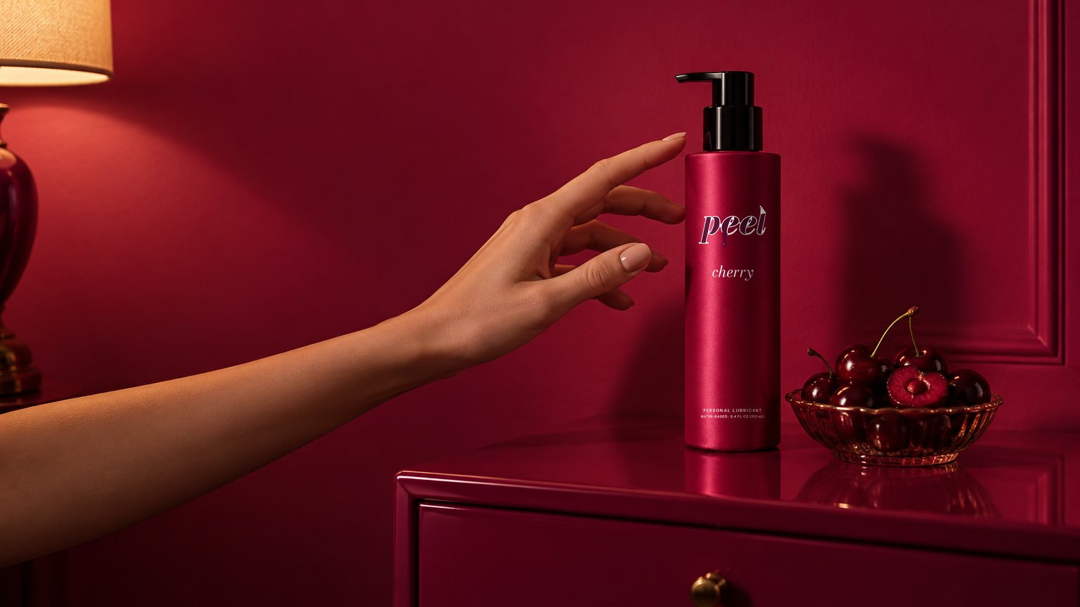 A hand reaching for the cherry bottle on a fuchsia nightstand, a dish of cherries beside it