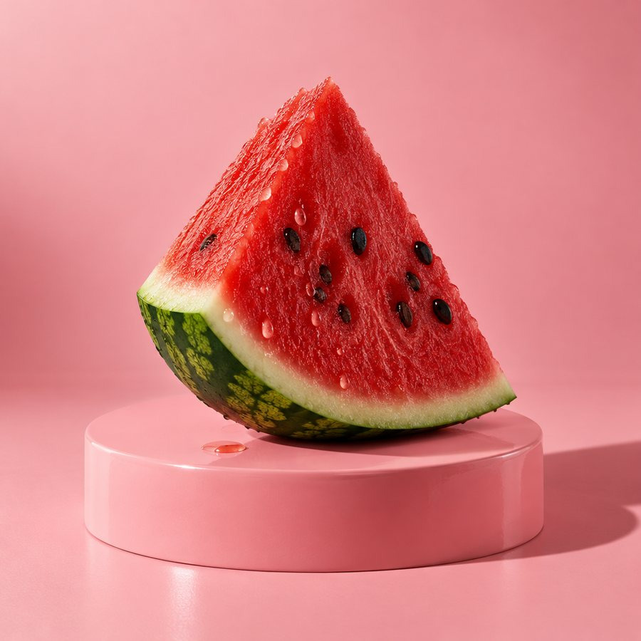 A wedge of watermelon on a soft pink set